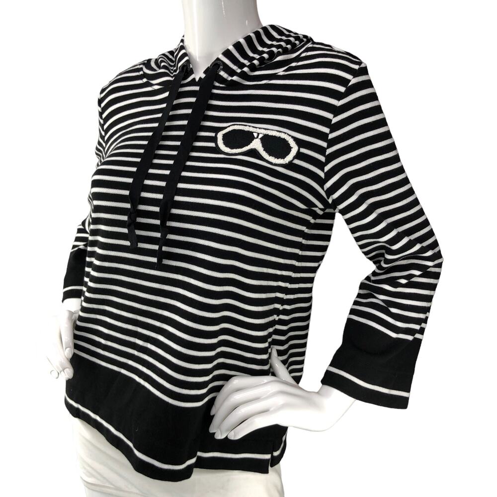 Karl Lagerfeld Paris Womens Size XS Hooded Sweater Black White Stripe BRAND NEW
